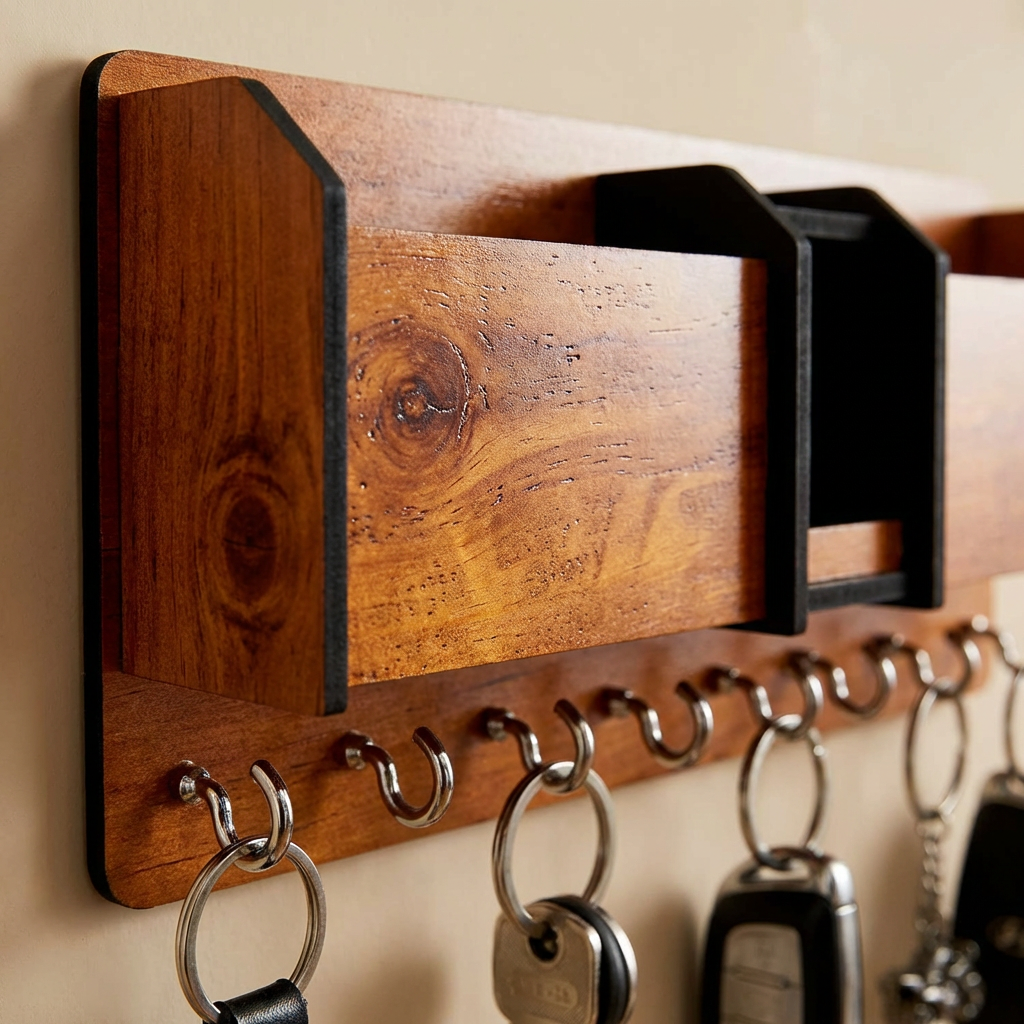 Premium Wooden Wall Organizer – Keychain & Mobile Holder with Hooks