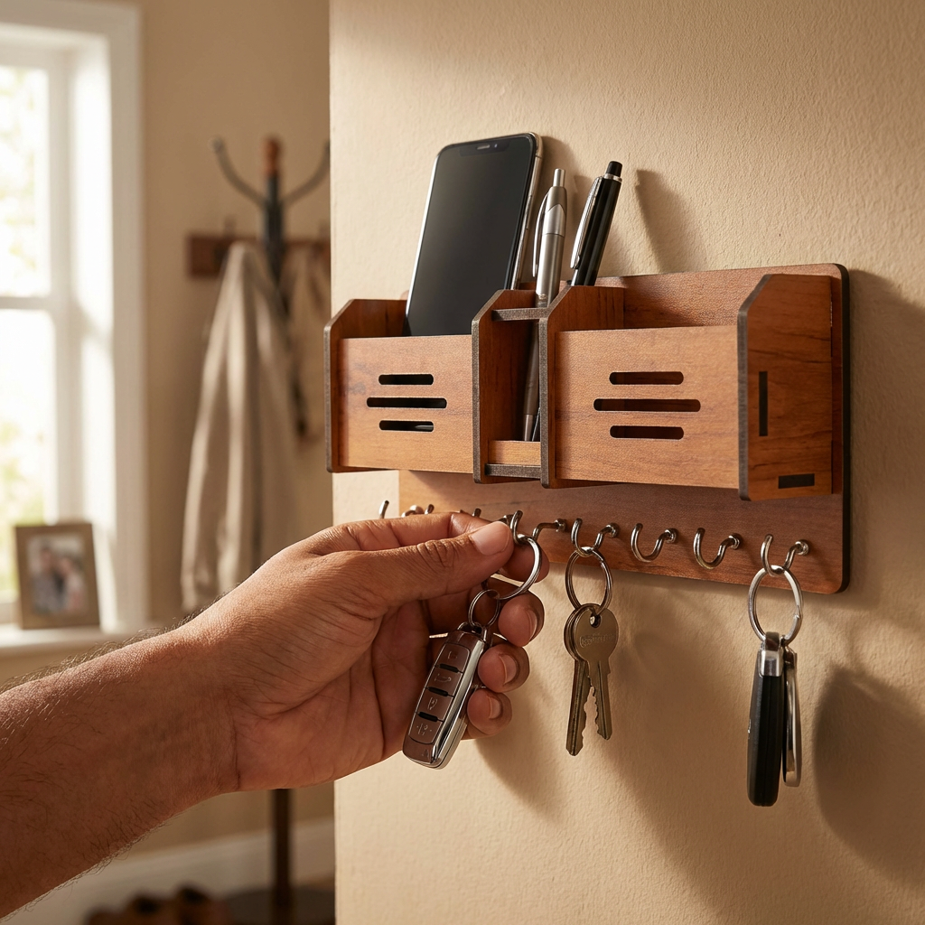 Premium Wooden Wall Organizer – Keychain & Mobile Holder with Hooks