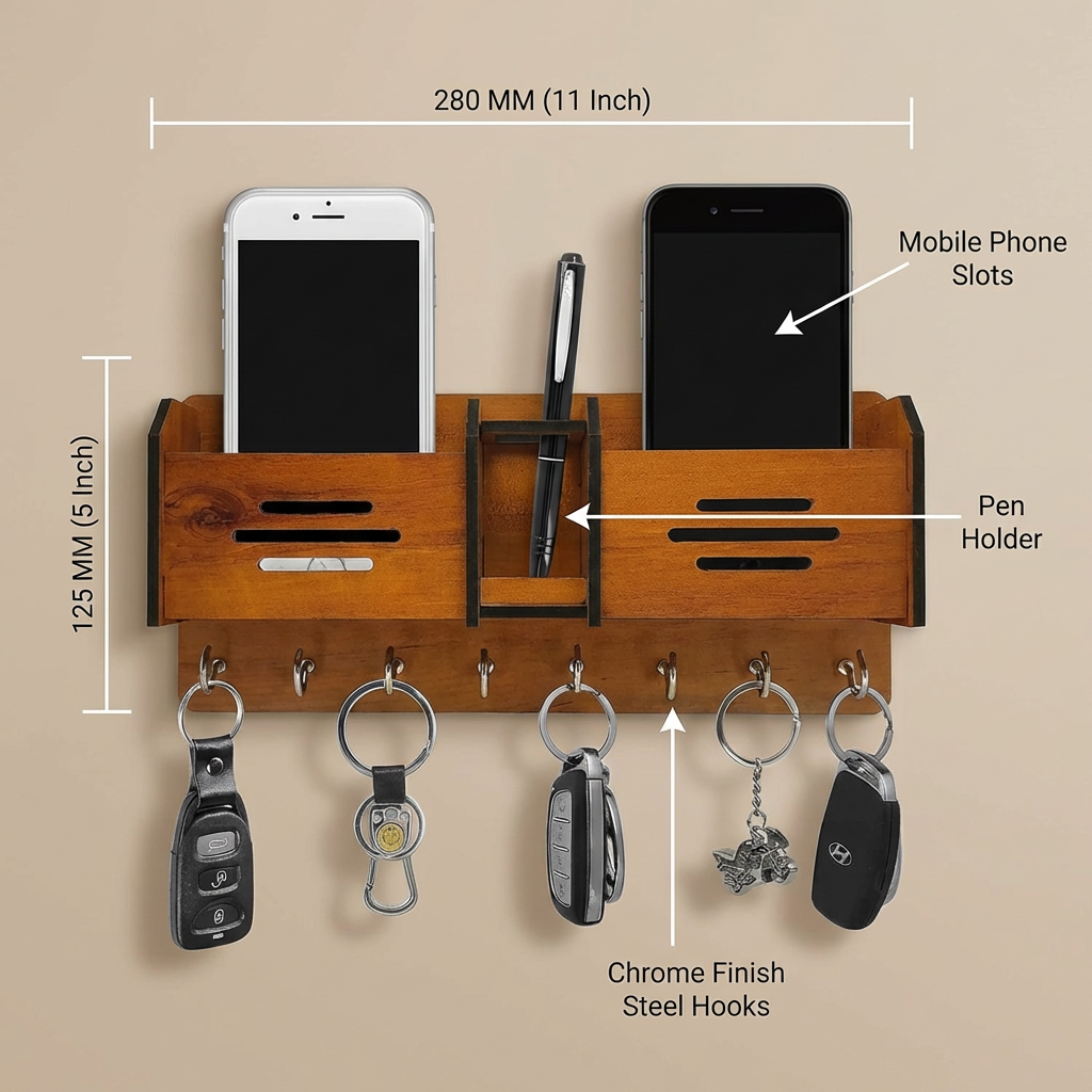 Premium Wooden Wall Organizer – Keychain & Mobile Holder with Hooks