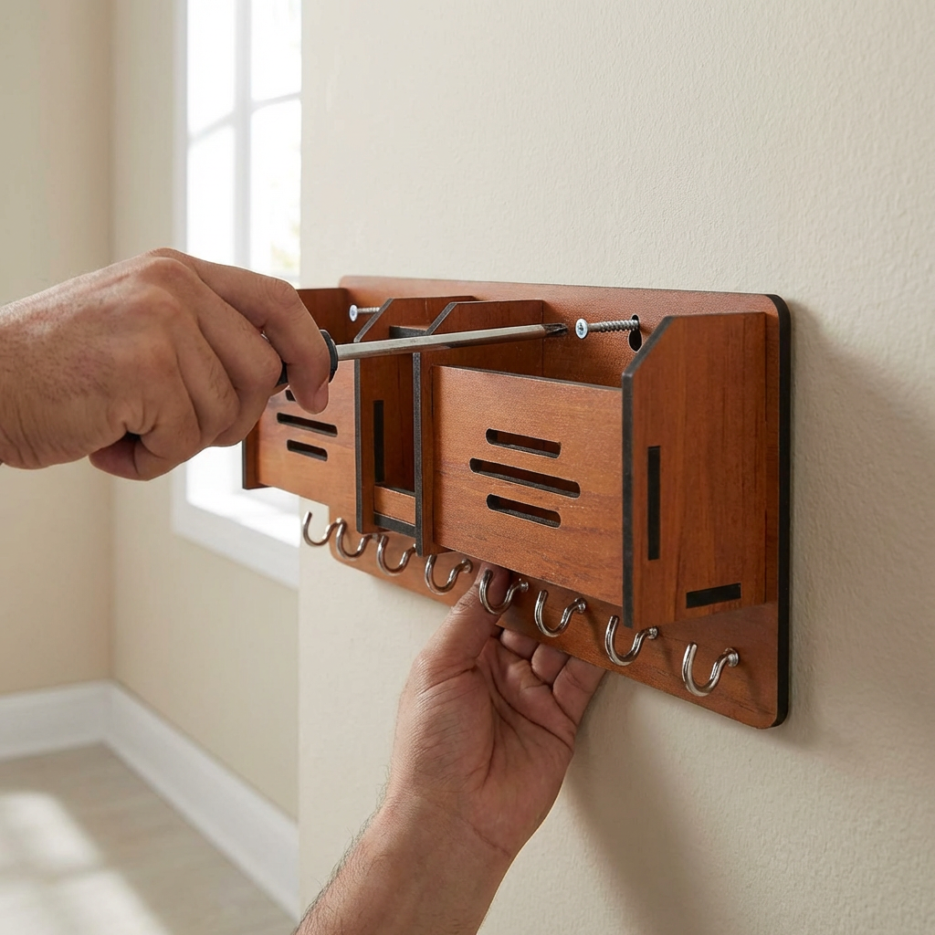 Premium Wooden Wall Organizer – Keychain & Mobile Holder with Hooks