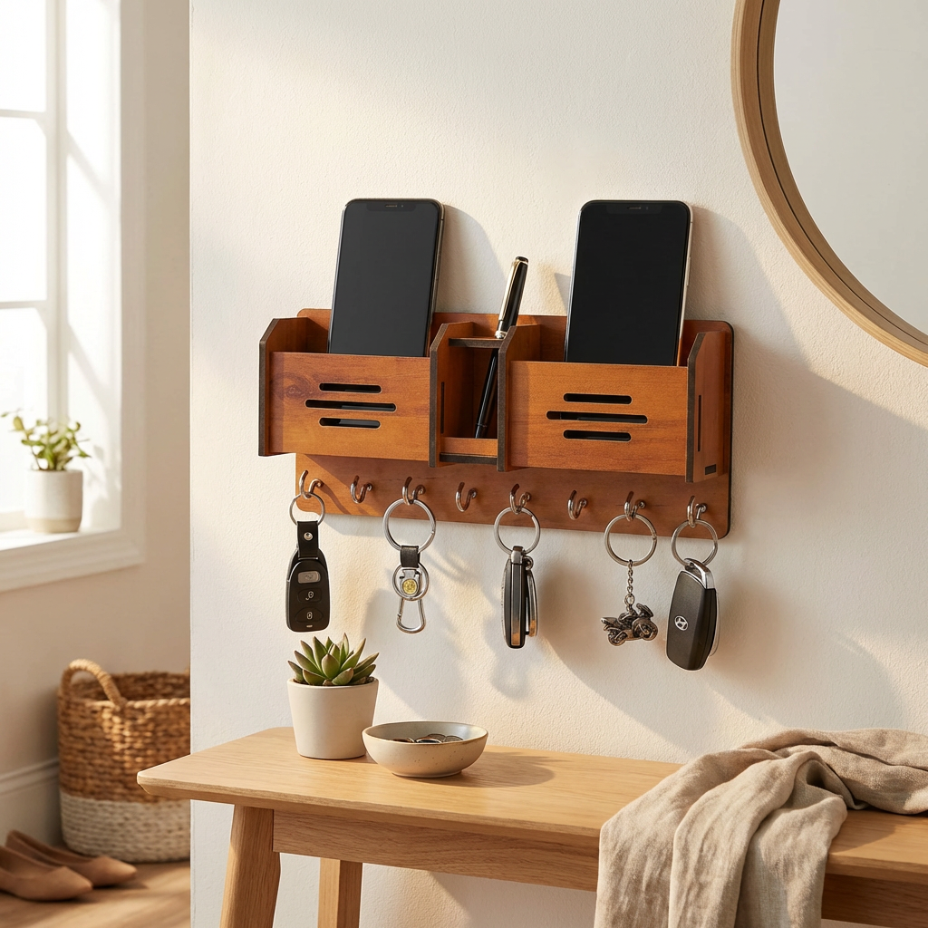 Premium Wooden Wall Organizer – Keychain & Mobile Holder with Hooks