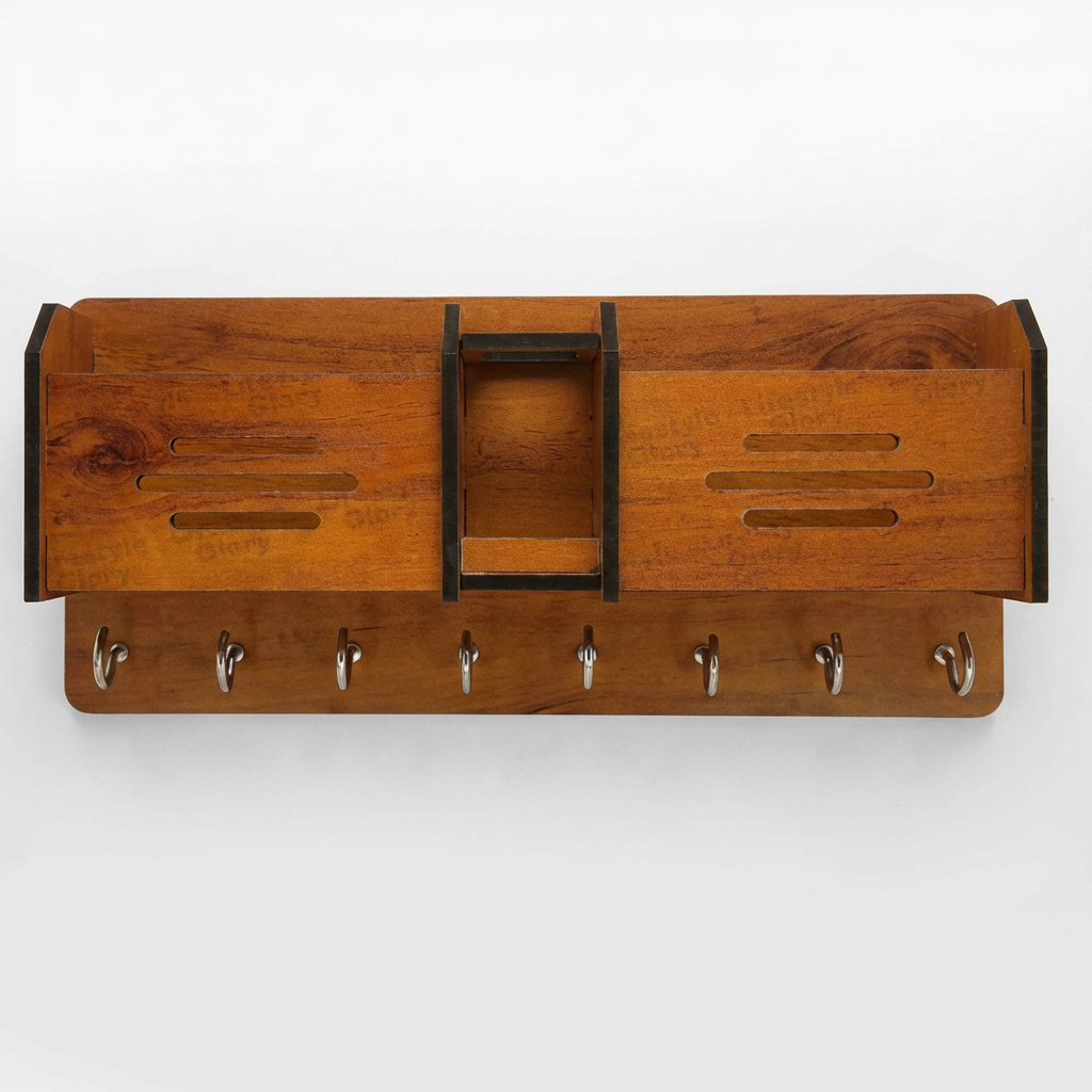 Premium Wooden Wall Organizer – Keychain & Mobile Holder with Hooks