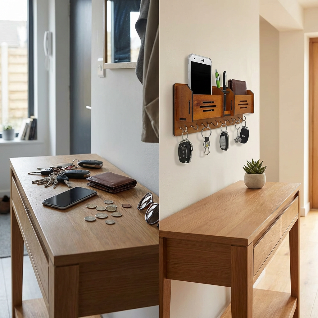 Premium Wooden Wall Organizer – Keychain & Mobile Holder with Hooks